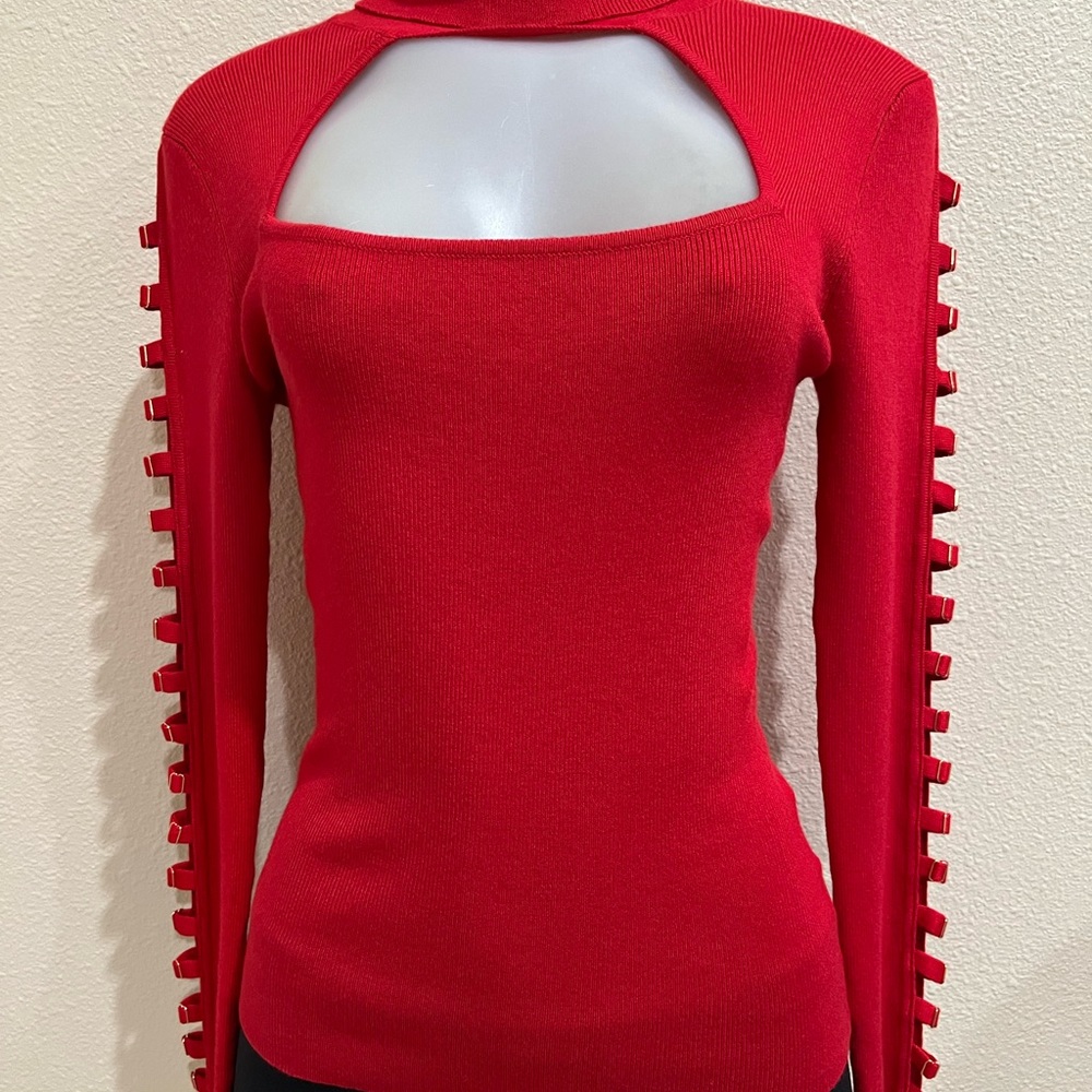 GUESS NEW High Neck Sweater. Cut out details on sleeves. Scarlett Red NWT - Picture 5 of 8